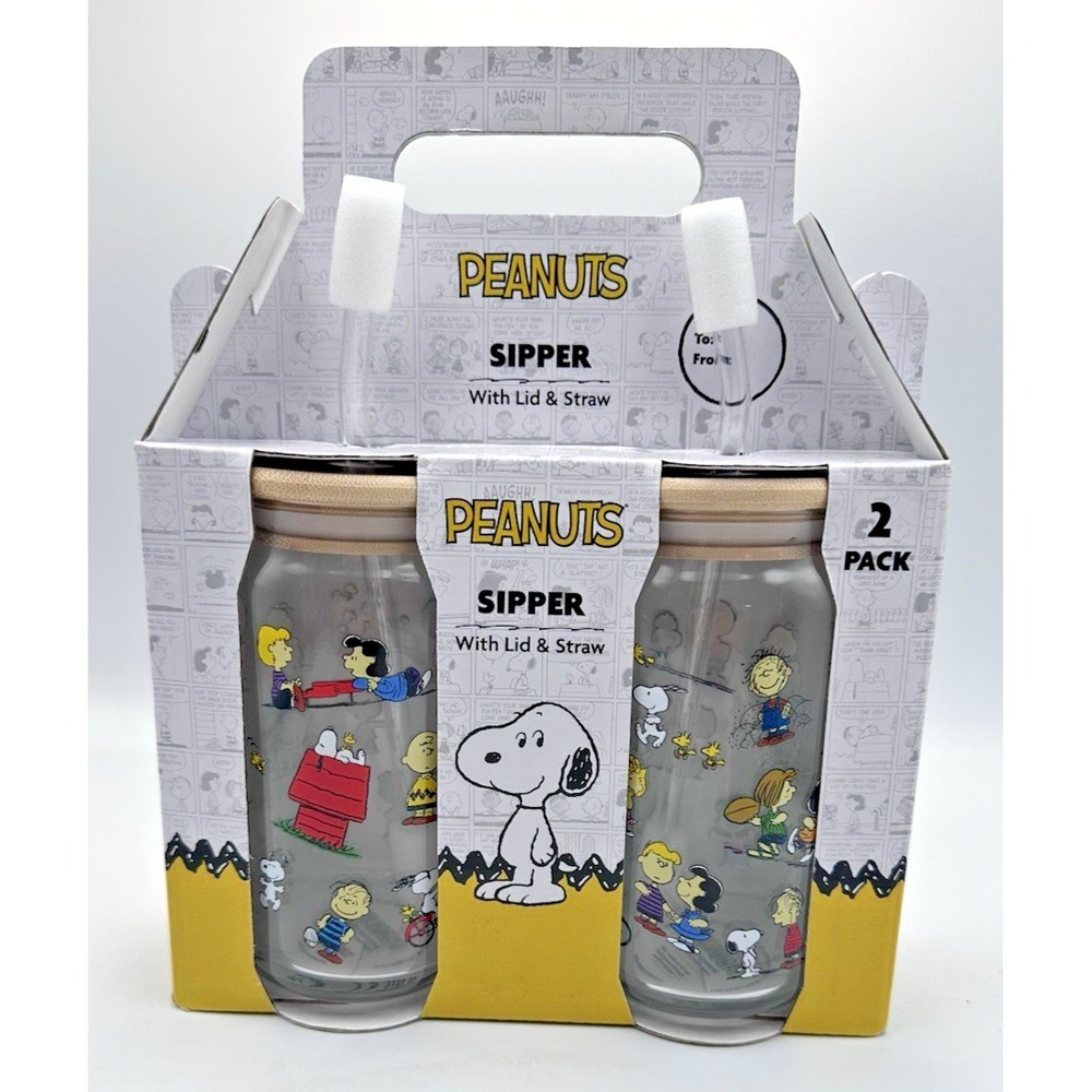 Peanuts set of 2 sipper plastic glasses straws lids